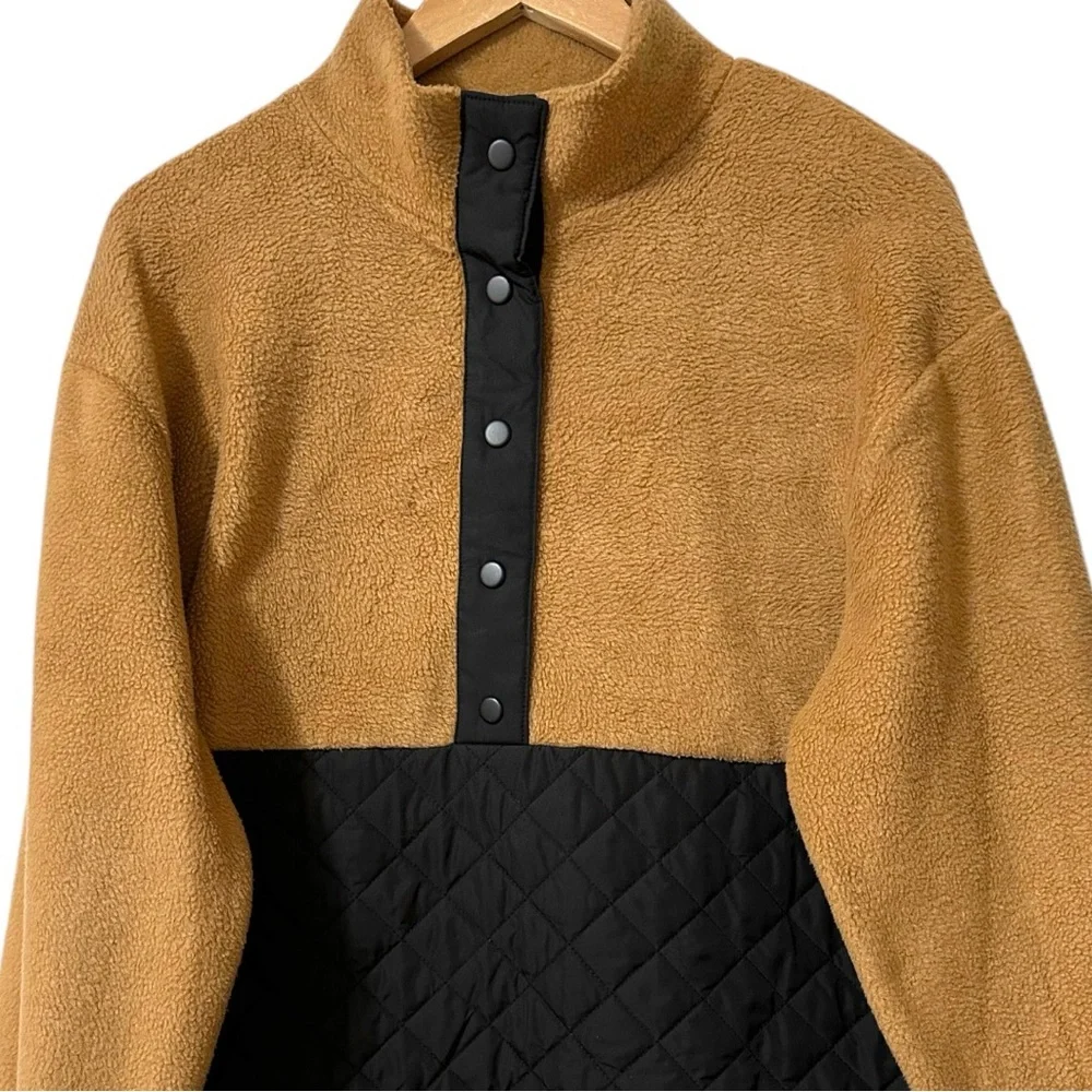 J Crew Factory Quilted Black and Tan Sherpa 1/4 Snap Neckline Pull Over Top - Picture 11 of 12